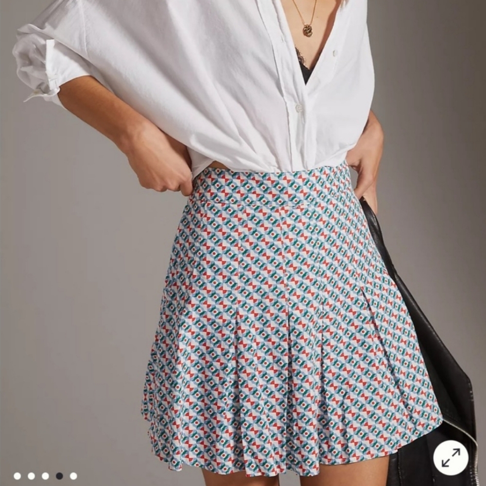 Maeve Anthropologie Green Motif Pleated Cotton Mini A-Line Skirt Size 2 XS